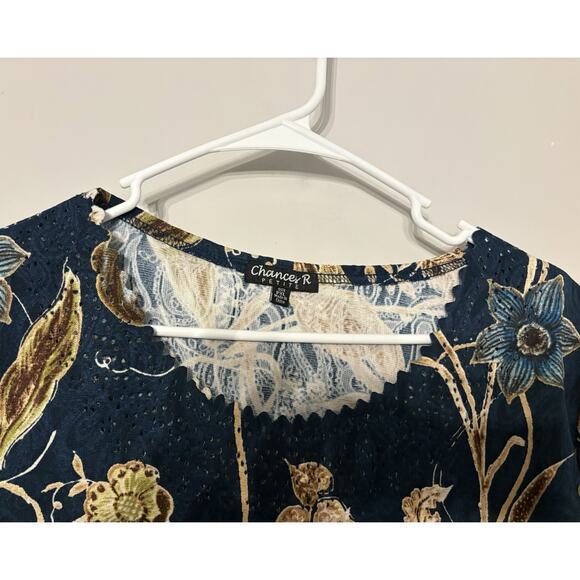 Chance R Floral Lace Trim Short Sleeve Blouse Top Women’s Size L Multicolor Boho - Picture 4 of 5